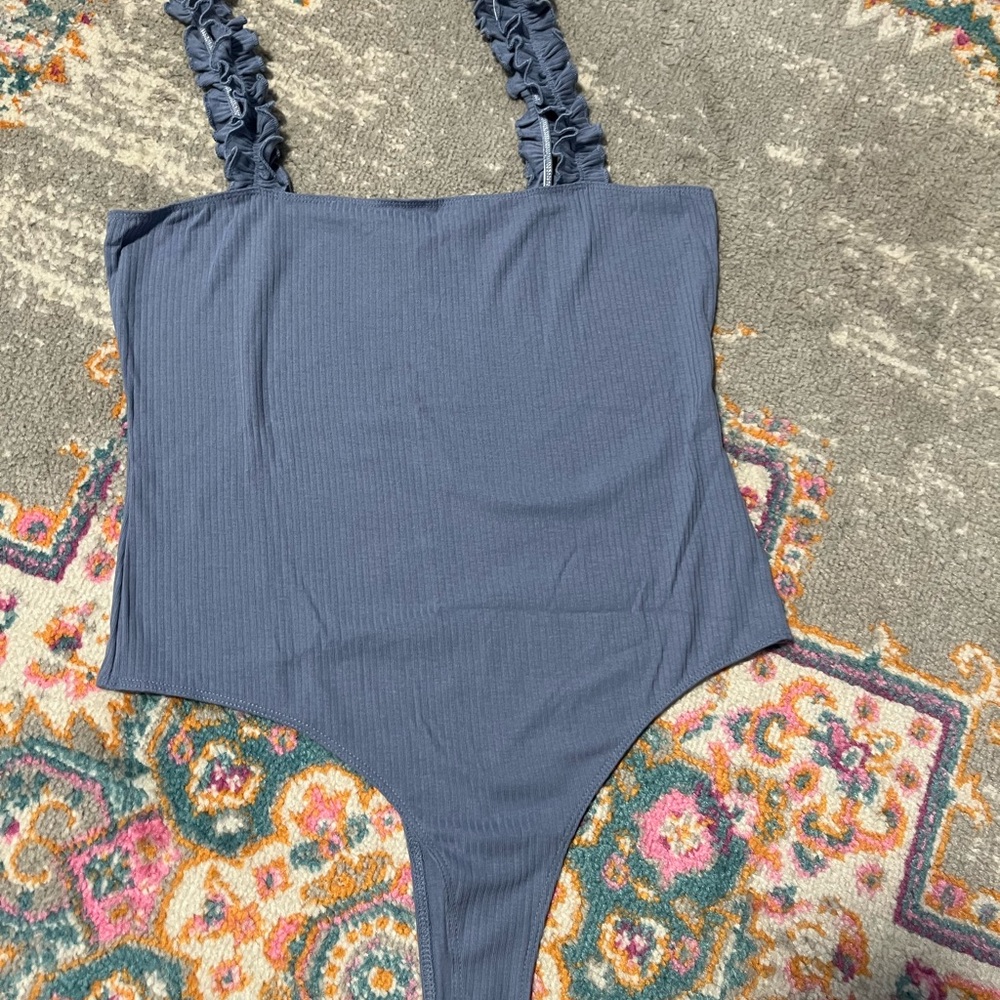 Double Zero Blue Ribbed Bodysuit with Ruffled Straps